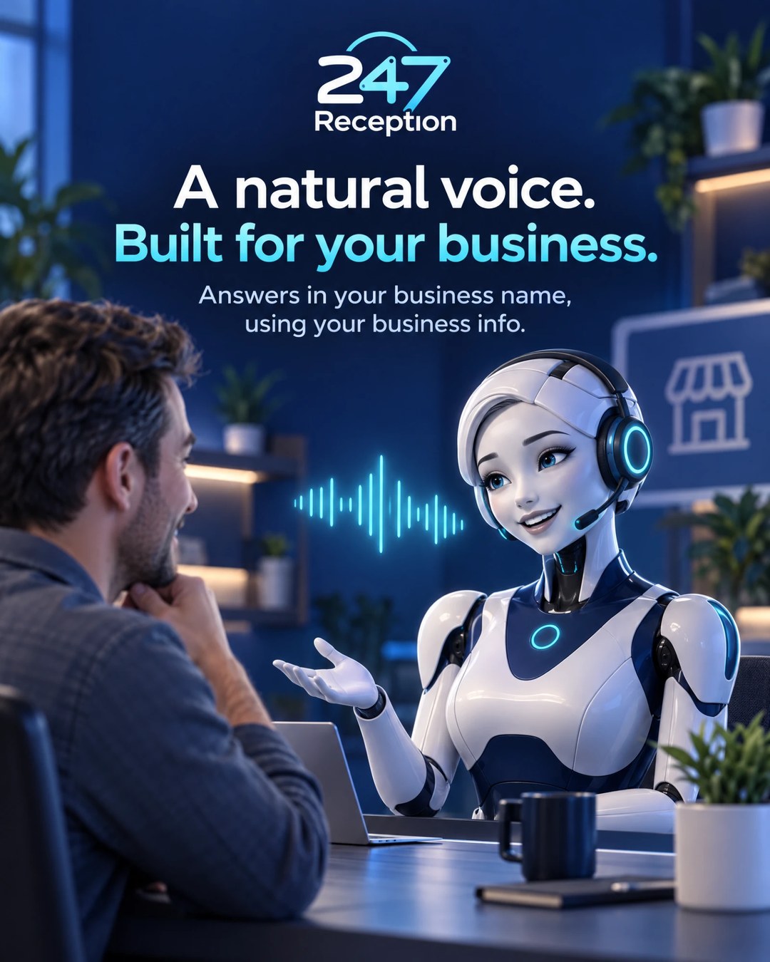 A caller talking to the AI receptionist, beside the line: a natural voice, built for your business.