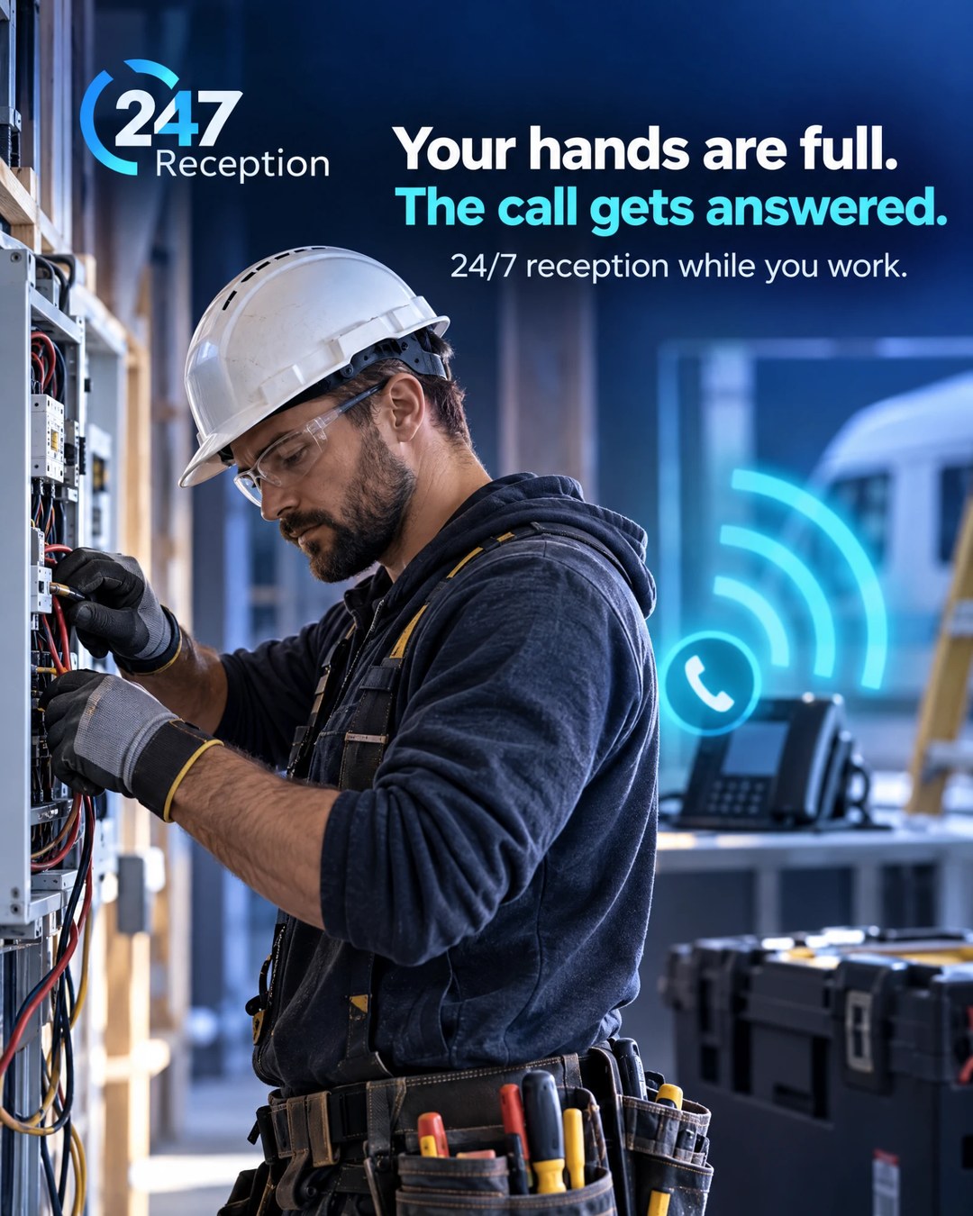 An electrician working inside a consumer unit, beside the line: your hands are full, the call gets answered.