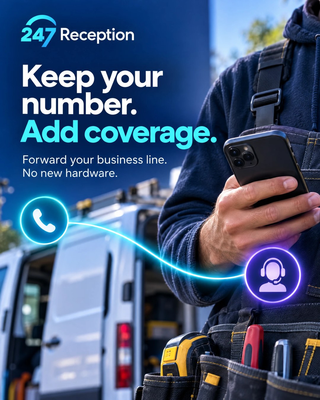 A phone forwarding a business line to a receptionist, beside the line: keep your number, add coverage.