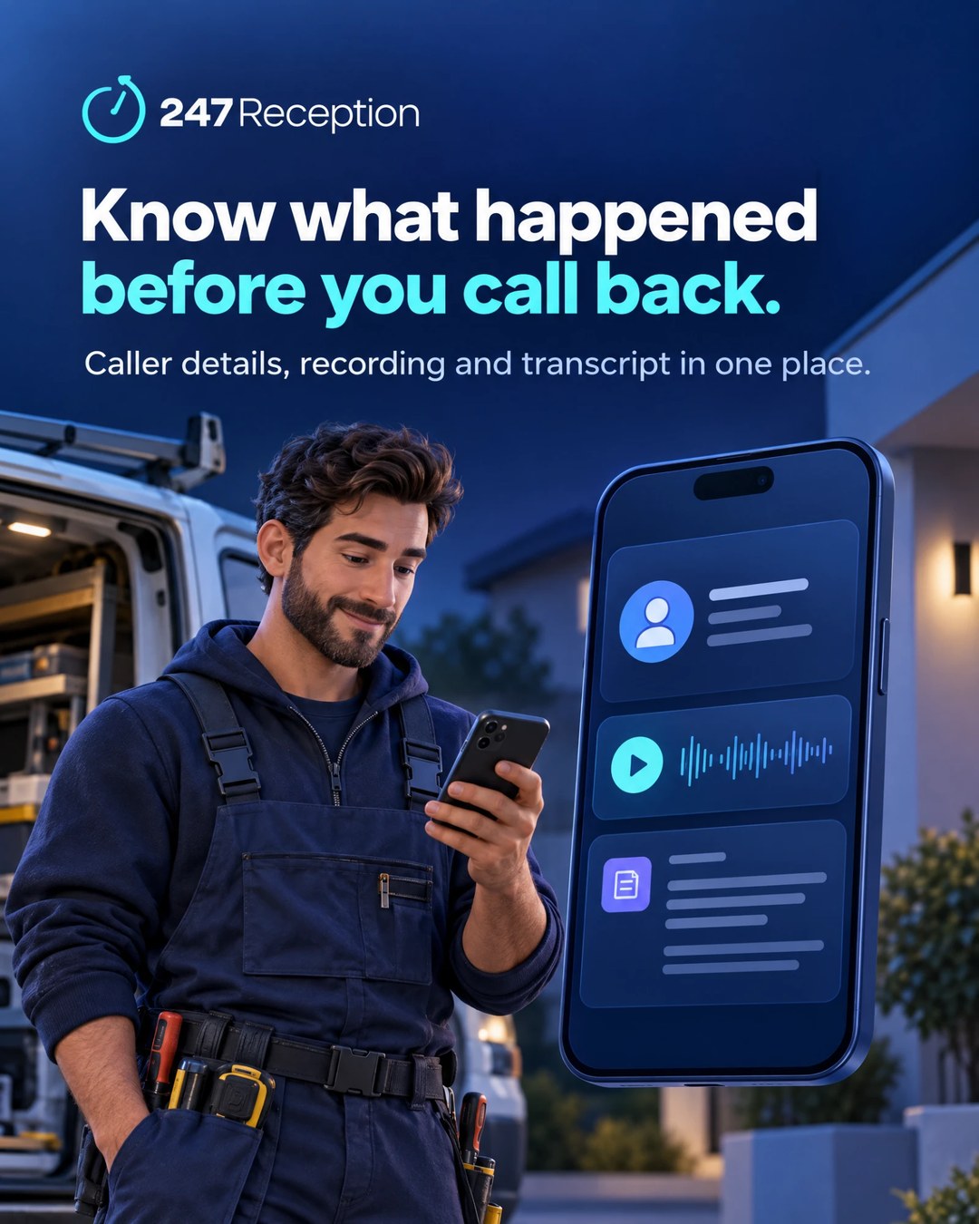 A tradesperson reading a call summary on a phone beside their van, with caller details, recording and transcript.