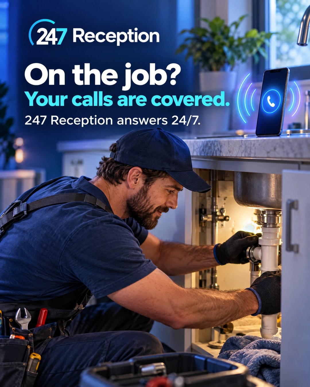 A plumber working under a kitchen sink while a call is answered, beside the line: on the job, your calls are covered.