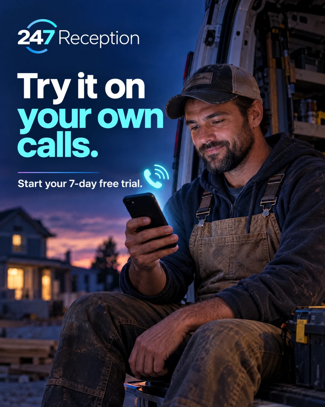 A contractor on his phone at dusk, beside the line: try it on your own calls, start your 7-day free trial.
