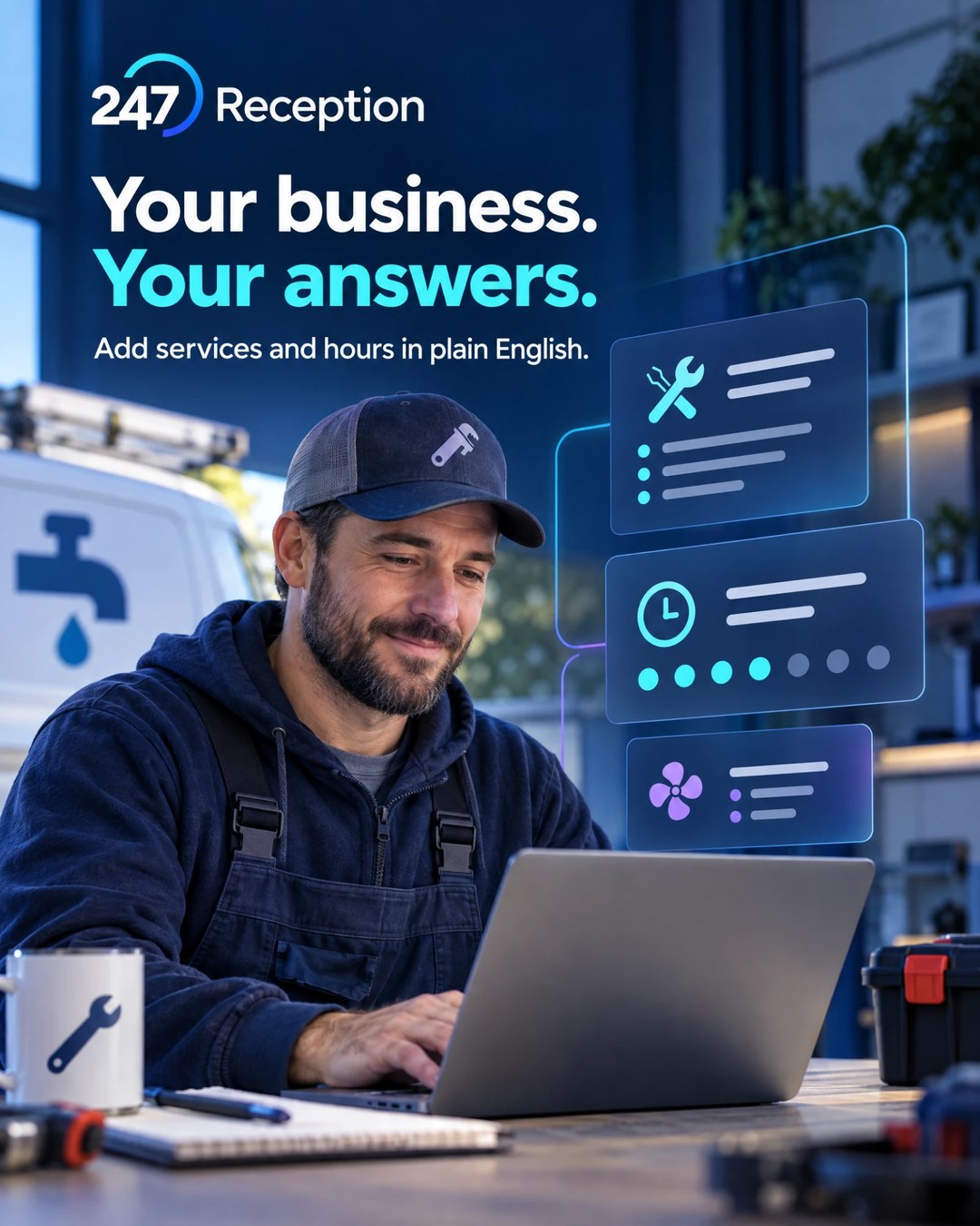 A tradesperson at a laptop configuring services and hours, beside the line: your business, your answers.